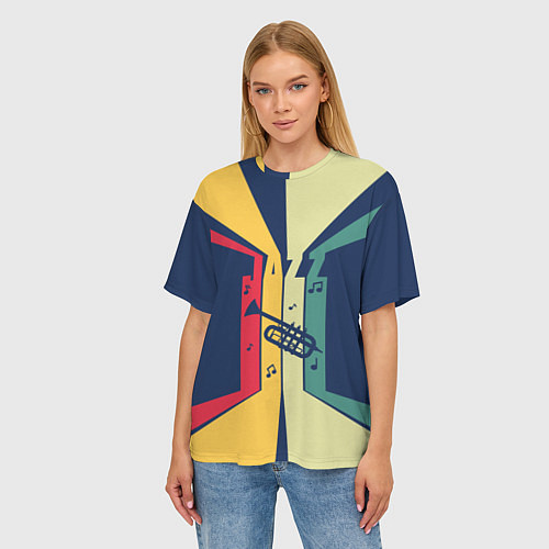 Женская футболка оверсайз Труба в разноцветных полосах Jazz music / 3D-принт – фото 3