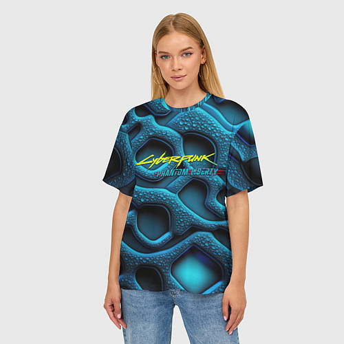 Женская футболка оверсайз Cyberpunk 2077 phantom liberty blue abstract / 3D-принт – фото 3