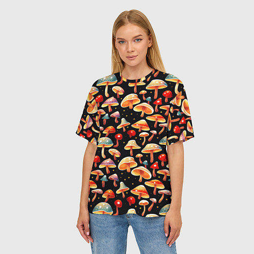 Женская футболка оверсайз Разноцветный грибной паттерн / 3D-принт – фото 3