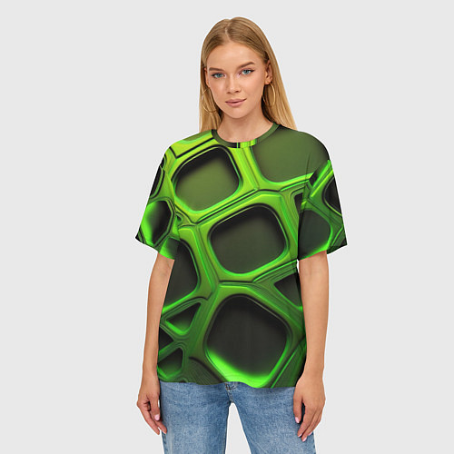 Женская футболка оверсайз Объемные зеленые соты / 3D-принт – фото 3