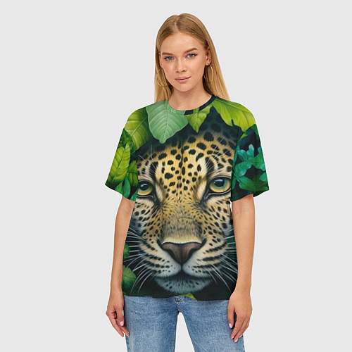 Женская футболка оверсайз Леопард в листьях / 3D-принт – фото 3