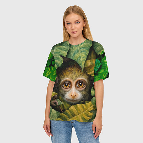 Женская футболка оверсайз Маленькая обезьянка в листьях / 3D-принт – фото 3