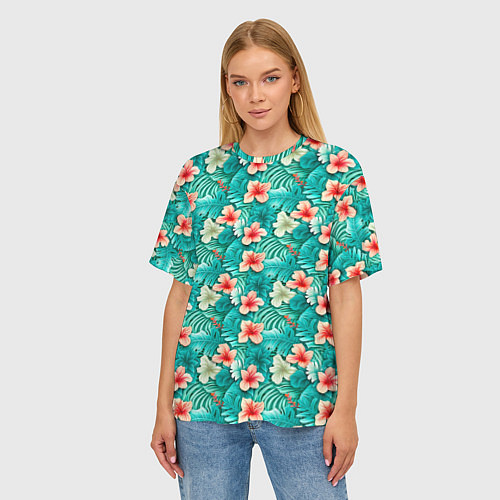 Женская футболка оверсайз Летние цветочки паттерн / 3D-принт – фото 3