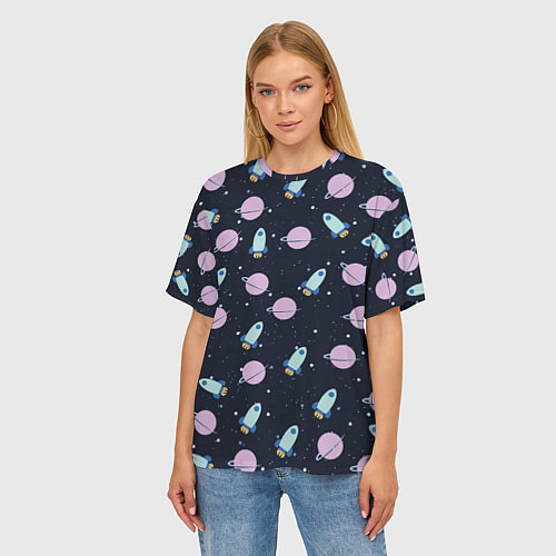Женская футболка оверсайз Ракета и планета / 3D-принт – фото 3
