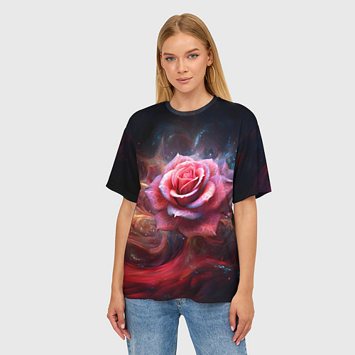 Женская футболка оверсайз Алая космическая роза - Нейросеть / 3D-принт – фото 3