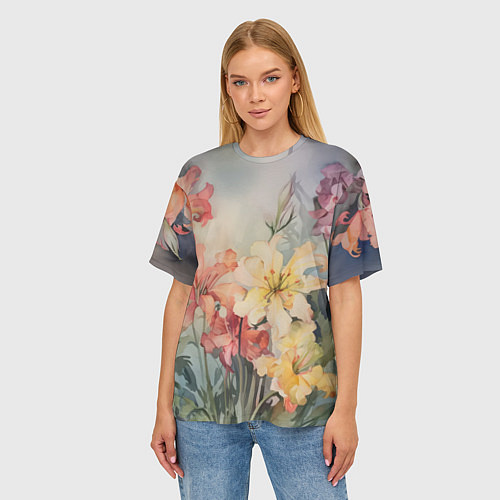 Женская футболка оверсайз Акварельные лилии / 3D-принт – фото 3