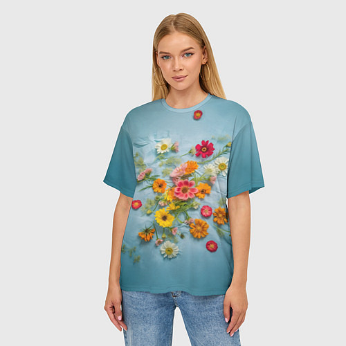 Женская футболка оверсайз Букет полевых цветов на ткани / 3D-принт – фото 3