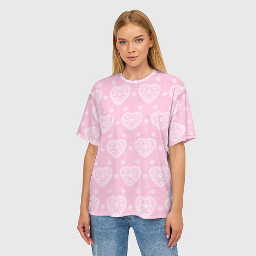 Женская футболка оверсайз Розовое кружево сердечки / 3D-принт – фото 3