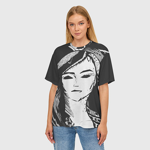 Женская футболка оверсайз Девушка стилизация тёмно-серый / 3D-принт – фото 3