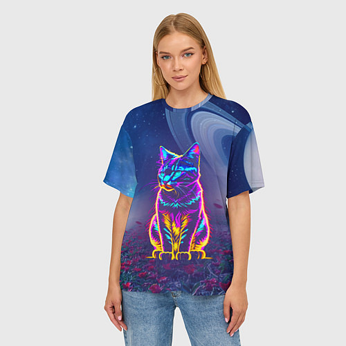 Женская футболка оверсайз Космический неоновый котик - нейросеть / 3D-принт – фото 3