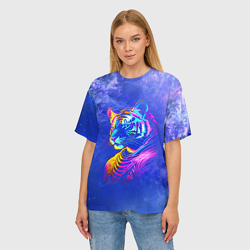 Женская футболка оверсайз Neon tiger - neural network / 3D-принт – фото 3