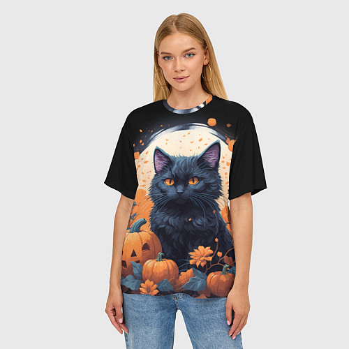 Женская футболка оверсайз Котик и тыквы - хеллоуин / 3D-принт – фото 3