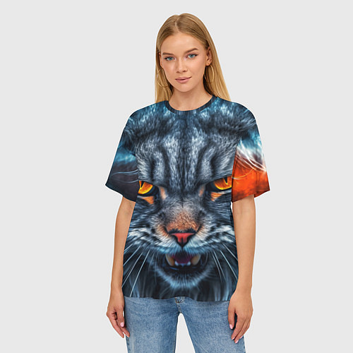 Женская футболка оверсайз Angry cat / 3D-принт – фото 3