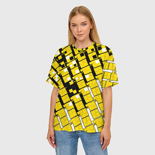 Женская футболка оверсайз Киберпанк квадраты жёлтые / 3D-принт – фото 3