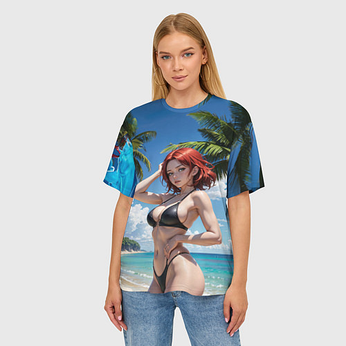 Женская футболка оверсайз Девушка с рыжими волосами на пляже / 3D-принт – фото 3