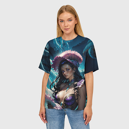 Женская футболка оверсайз Девушка фэнтази с фиолетовыми волосами / 3D-принт – фото 3