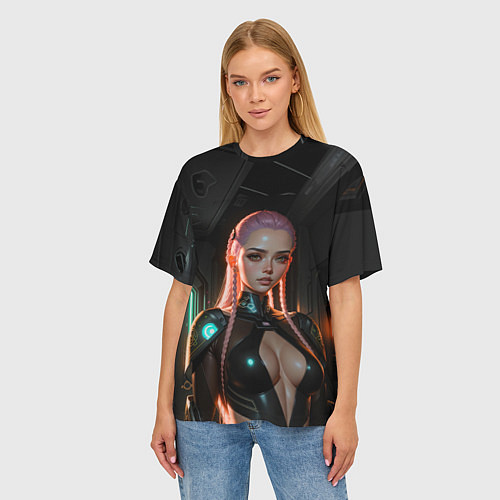 Женская футболка оверсайз Красивая девушка киберпанк / 3D-принт – фото 3