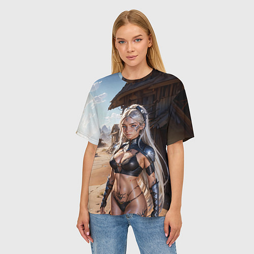 Женская футболка оверсайз Девушка в стиле киберпанк / 3D-принт – фото 3
