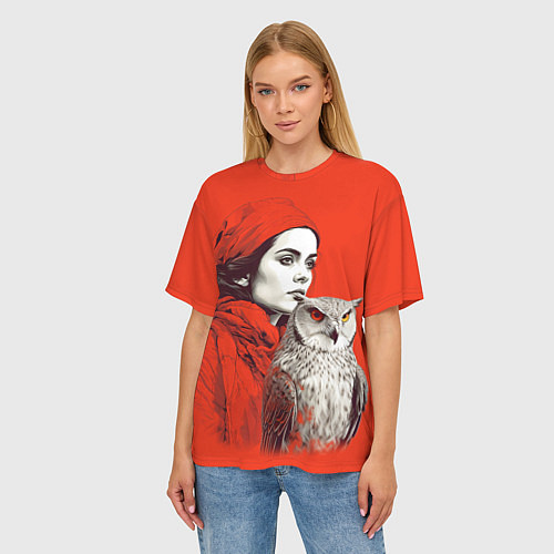 Женская футболка оверсайз Леди в красном с совой / 3D-принт – фото 3