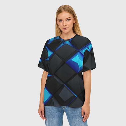Женская футболка оверсайз Черные и синие плитки / 3D-принт – фото 3