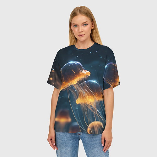 Женская футболка оверсайз Люминисцентные медузы / 3D-принт – фото 3