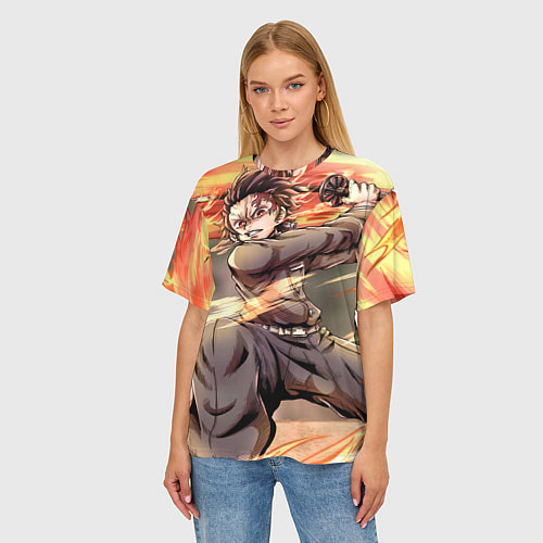 Женская футболка оверсайз Клинок рассекающий демонов Тандзиро Камадо / 3D-принт – фото 3
