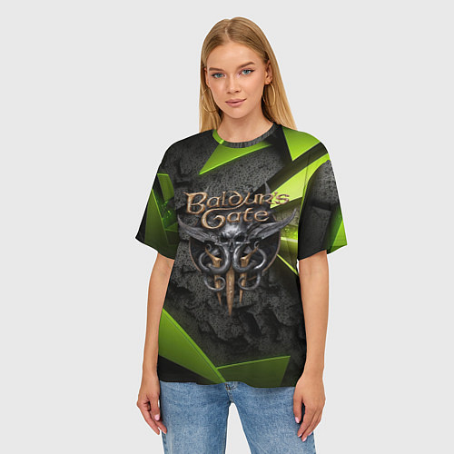 Женская футболка оверсайз Baldurs Gate 3 logo green abstract / 3D-принт – фото 3