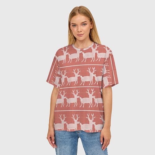 Женская футболка оверсайз Классический рождественнский принт с оленем / 3D-принт – фото 3