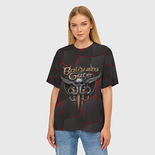 Женская футболка оверсайз Baldurs Gate 3 logo red black geometry / 3D-принт – фото 3