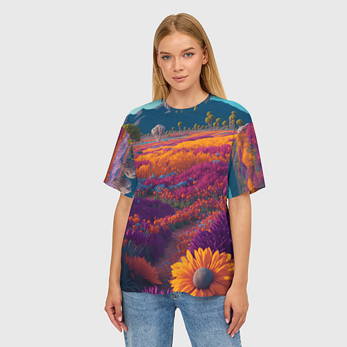 Женская футболка оверсайз Цветочный луг / 3D-принт – фото 3