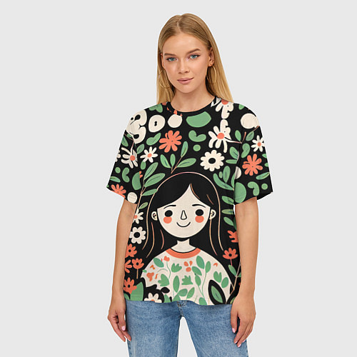Женская футболка оверсайз Девочка в цветах - Бохо / 3D-принт – фото 3