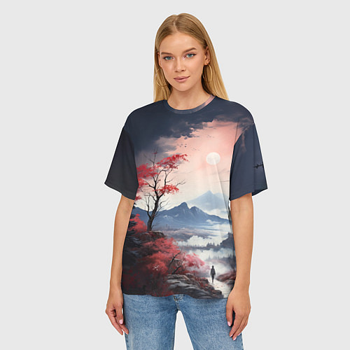 Женская футболка оверсайз Луна над горами / 3D-принт – фото 3