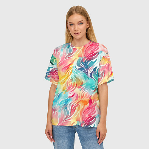 Женская футболка оверсайз Акварельные листья паттерн / 3D-принт – фото 3
