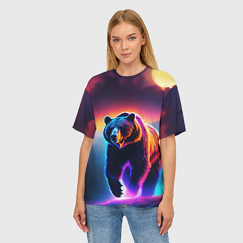 Женская футболка оверсайз Люминесцентный медведь гризли / 3D-принт – фото 3
