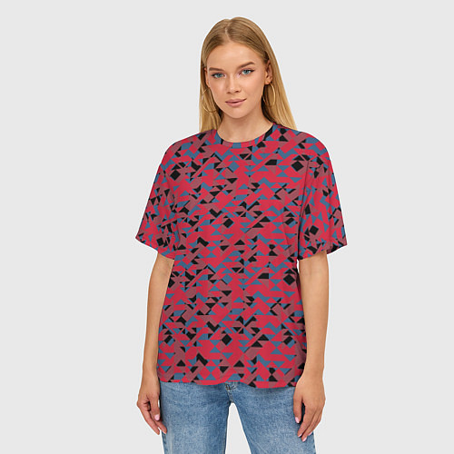 Женская футболка оверсайз Черные и синие треугольники на красном / 3D-принт – фото 3
