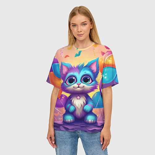 Женская футболка оверсайз Котик с воздушными шариками / 3D-принт – фото 3