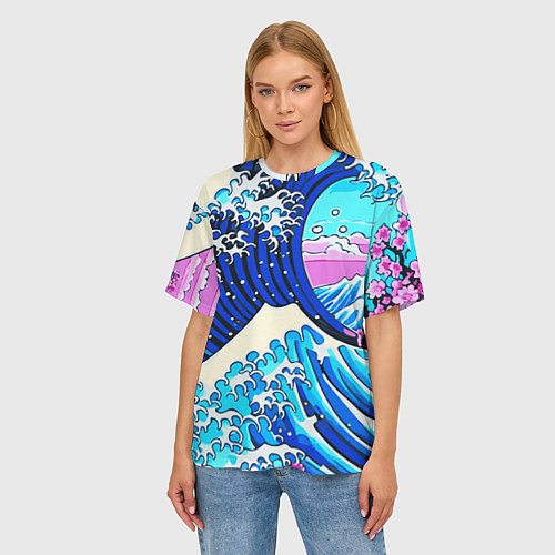 Женская футболка оверсайз Большая волна в Канагаве сакура / 3D-принт – фото 3