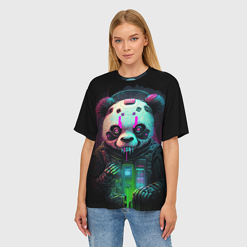 Женская футболка оверсайз Панда киберпанк / 3D-принт – фото 3
