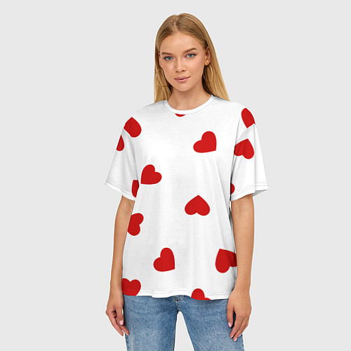 Женская футболка оверсайз Красные сердечки на белом / 3D-принт – фото 3