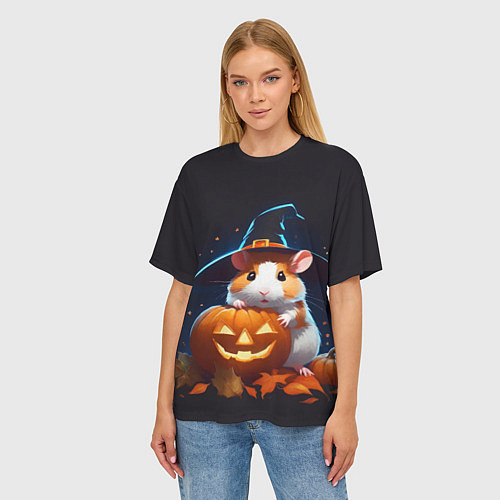 Женская футболка оверсайз Хомяк в шляпе ведьмы и тыква на Хэллоуин / 3D-принт – фото 3