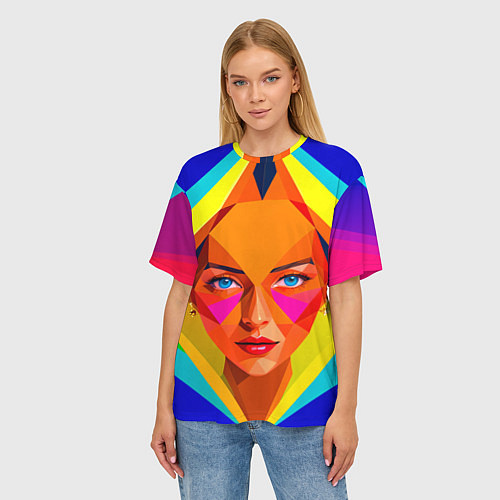 Женская футболка оверсайз Девушка голубоглазая в ромбе / 3D-принт – фото 3