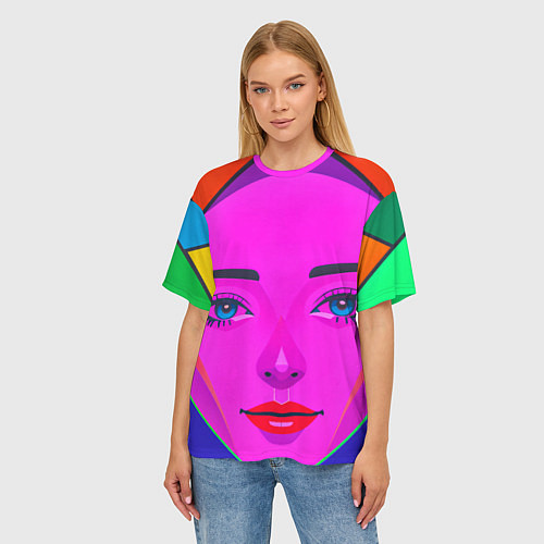 Женская футболка оверсайз Девушка с голубыми глазами и фиолетовым лицом / 3D-принт – фото 3