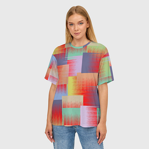 Женская футболка оверсайз Веселая разноцветная клетка / 3D-принт – фото 3