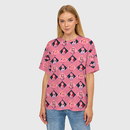 Женская футболка оверсайз Розовая клеточка black pink / 3D-принт – фото 3