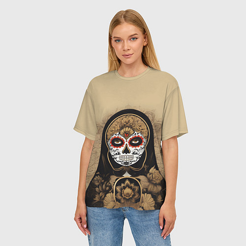 Женская футболка оверсайз Матрешка сахарный череп на Хэллоуин / 3D-принт – фото 3