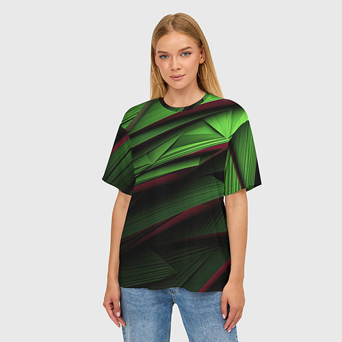Женская футболка оверсайз Зеленые абстрактные полосы / 3D-принт – фото 3