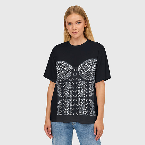 Женская футболка оверсайз Черный корсет с блестящими стразами / 3D-принт – фото 3