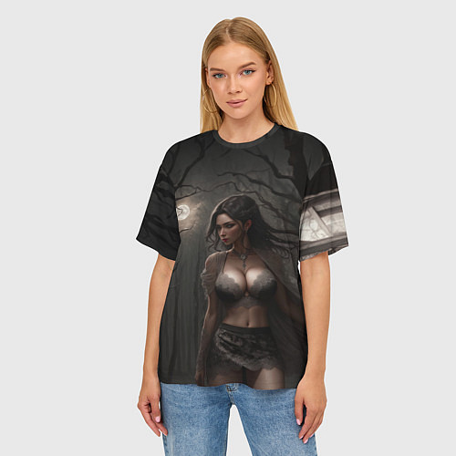 Женская футболка оверсайз Девушка в белье под луной / 3D-принт – фото 3
