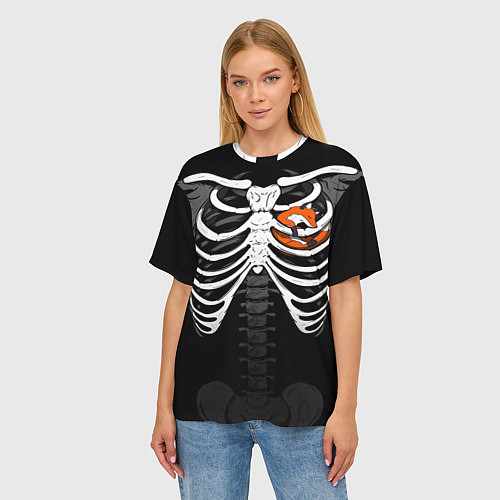Женская футболка оверсайз Скелет: ребра с лисой / 3D-принт – фото 3