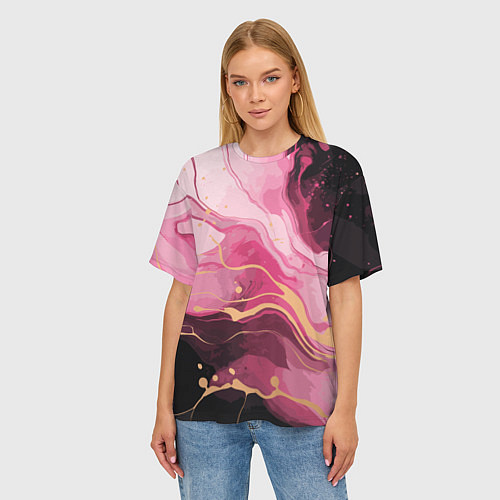 Женская футболка оверсайз Абстрактный черно-розовый мраморный узор / 3D-принт – фото 3